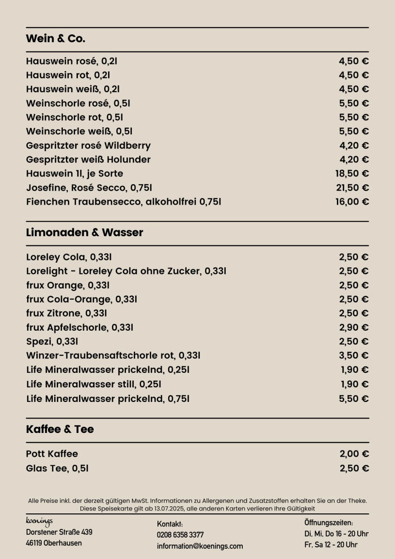 Wein Sekt Limonade Cola Wasser Kaffee Tee